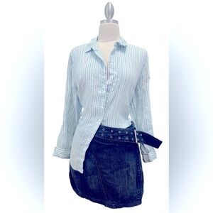 Charter Club 100% linen Light Blue and White Striped Button Down Shirt